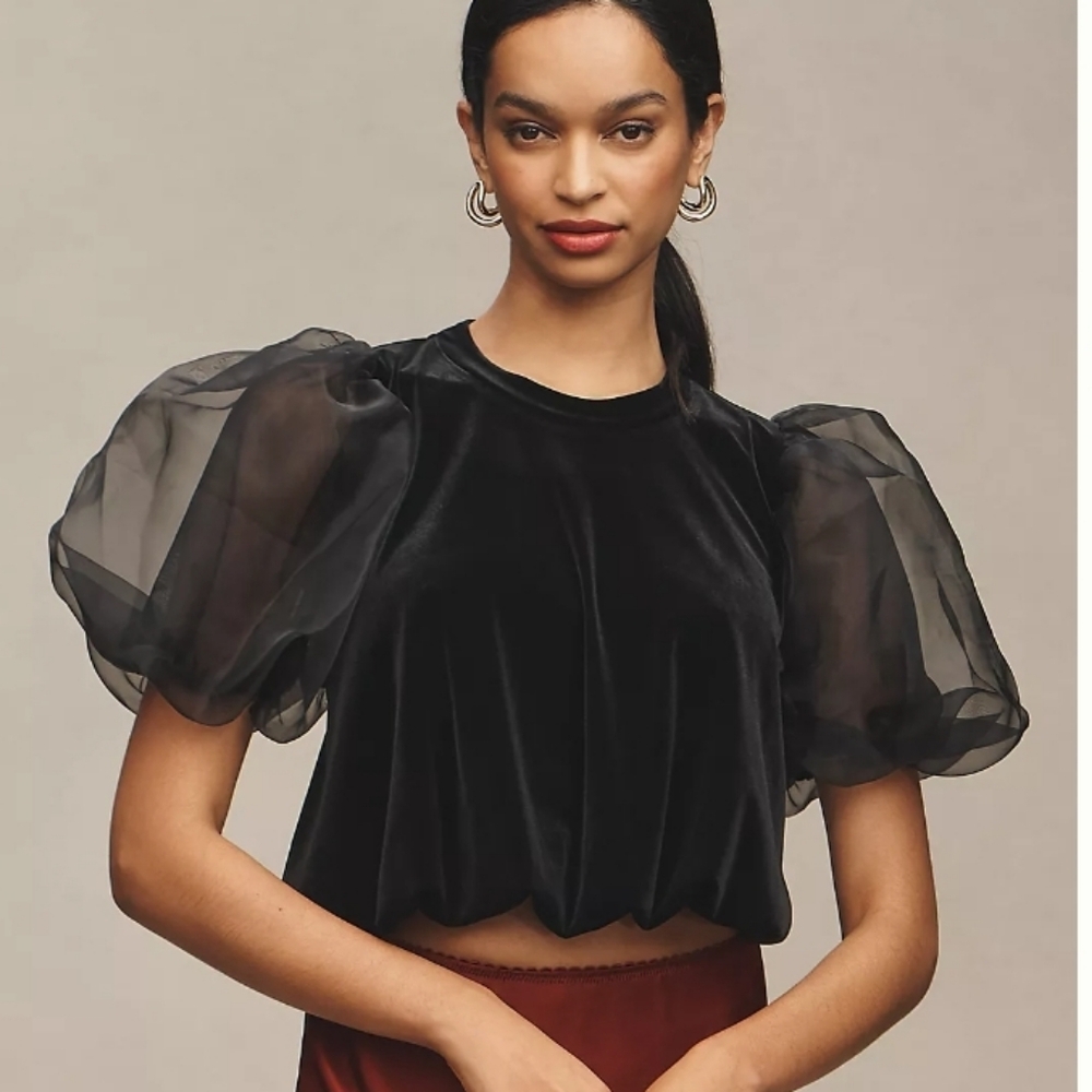 Maeve Puff-Sleeve Velvet Blouse Size XS